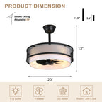 Modern Industrial 20 Inch Fabric with Metal Ceiling Fan with Light Adjustable Down Rods Reversible DC Motor 6 Speed Remote Control Ceiling Fan Timmer Quiet Ceiling Fan with Light Suit for Bedroom, Study, Kitchen