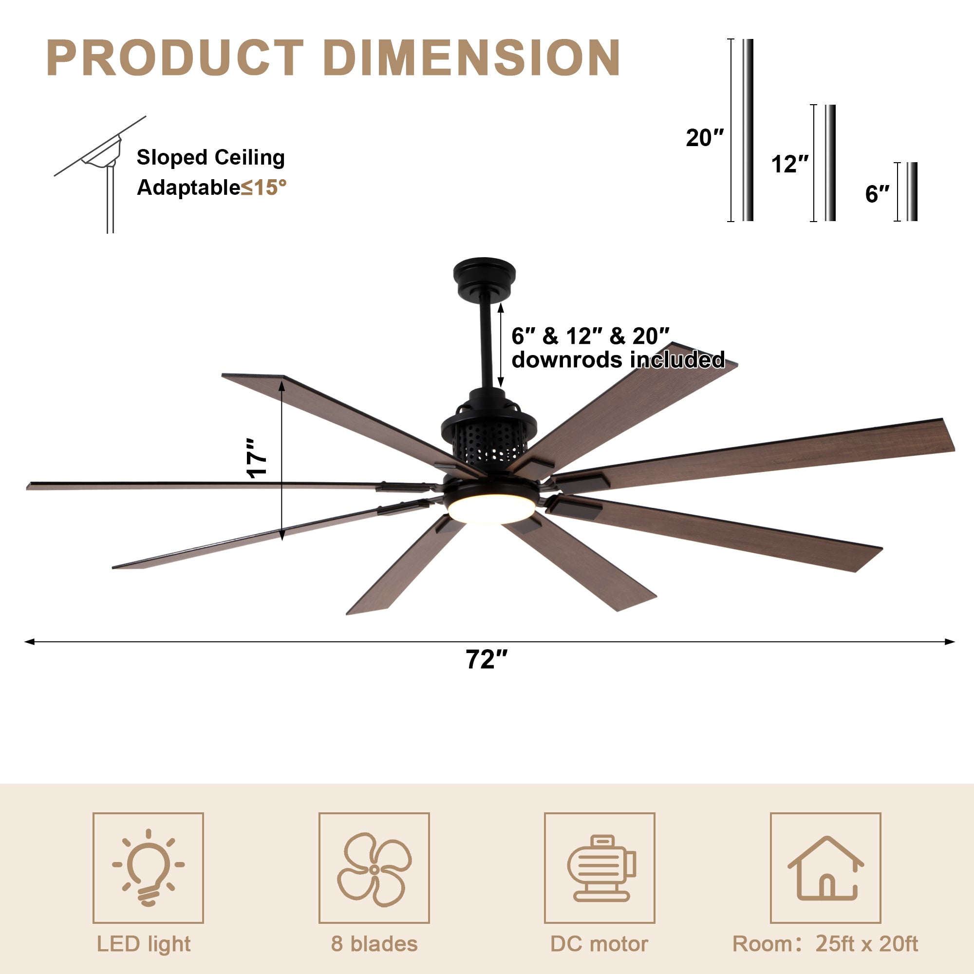 72 Inch Black Industrial Extra Large Ceiling Fan with LED Light and Remote, 6 Speeds DC Motor Reversible Ceiling Fan for Large Room