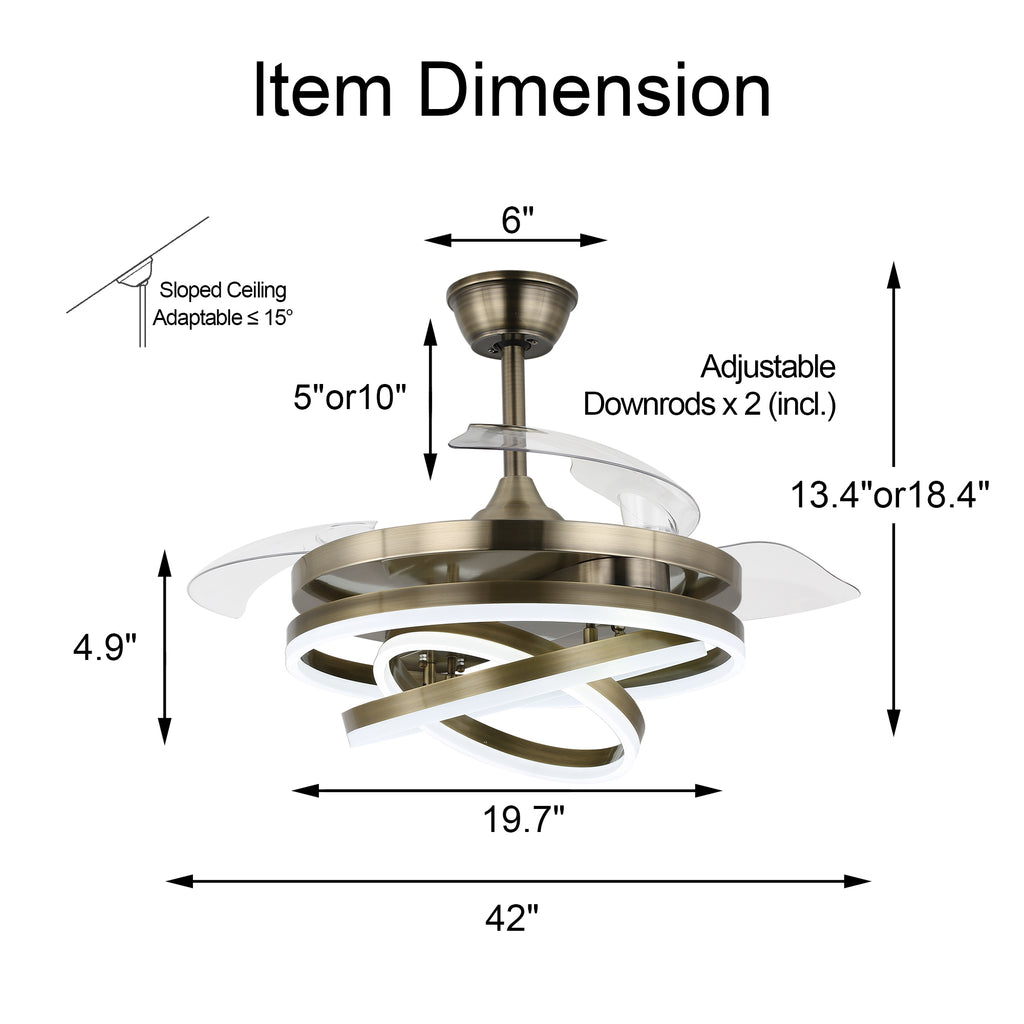 42 Inch Modern Smart Retractable Ceiling Fan with LED Light and Remote, 6 Speeds DC Motor Bladeless Ceiling Fan with DIY Shade