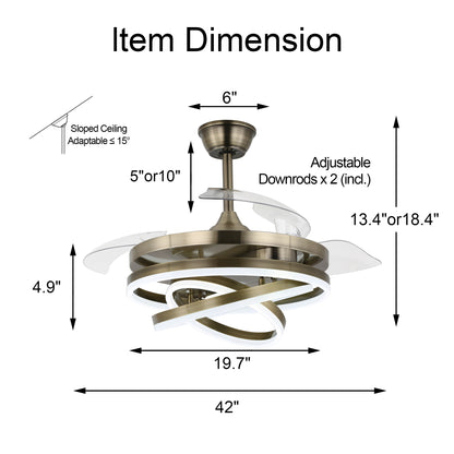 DC4264-42" DIY Shape Contemporary Retractable Ceiling Fan, with Remote and LED Light Kit Included, DC Motor, 6 Speeds