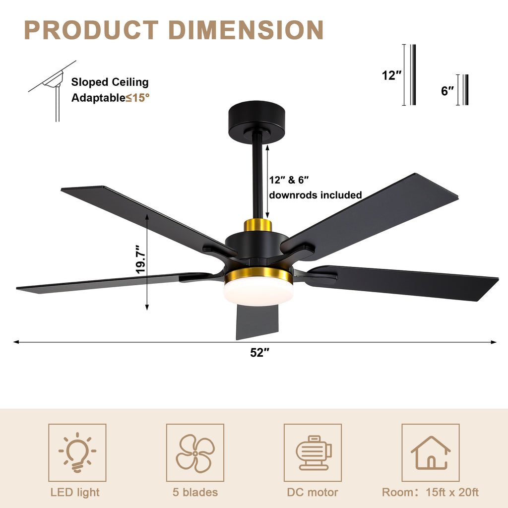 52 Inch Modern Ceiling Fan with LED Light and Remote Control, 6 Speeds Quiet DC Motor Black and Gold Ceiling Fan for Living Room
