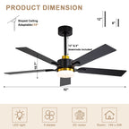 52 Inch Modern Ceiling Fan with LED Light and Remote Control, 6 Speeds Quiet DC Motor Black and Gold Ceiling Fan for Living Room
