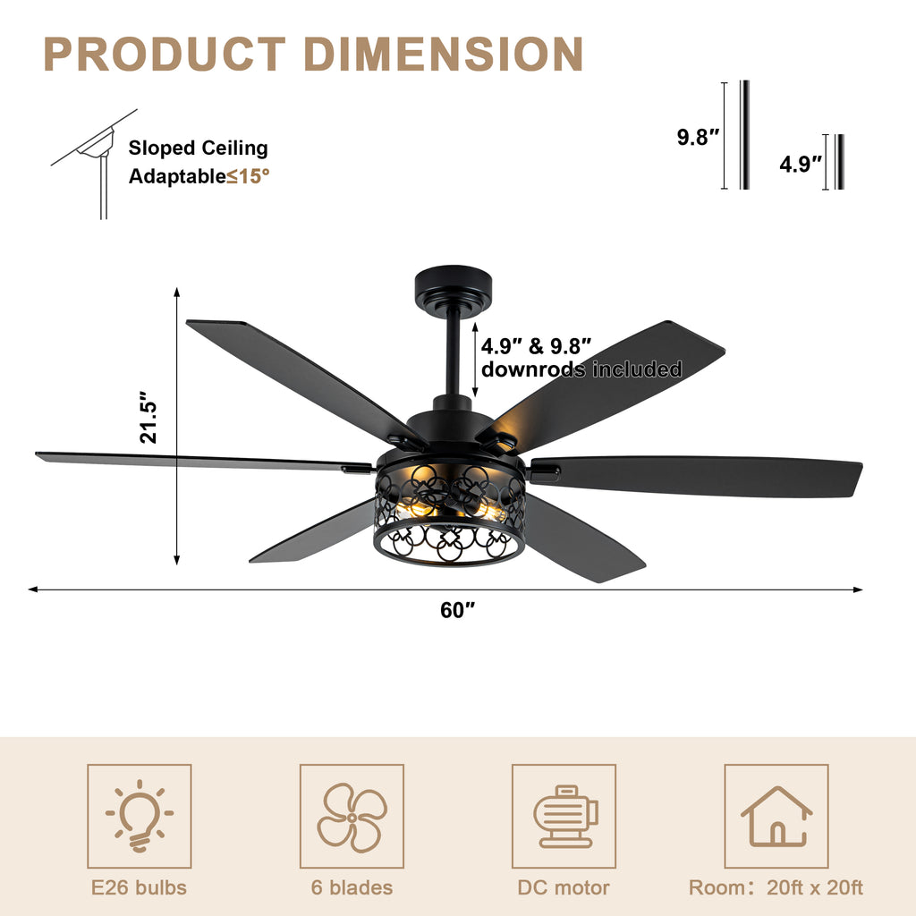 Modern 60 Inch Industrial Caged Ceiling Fan with Light Reversible Quiet DC Motor with 6 Speed Remote Control Ceiling Fan Adjustable Down Rodes Ceiling Fan with Light Suit for Bedroon,Living Room