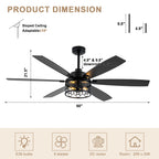 Modern 60 Inch Industrial Caged Ceiling Fan with Light Reversible Quiet DC Motor with 6 Speed Remote Control Ceiling Fan Adjustable Down Rodes Ceiling Fan with Light Suit for Bedroon,Living Room