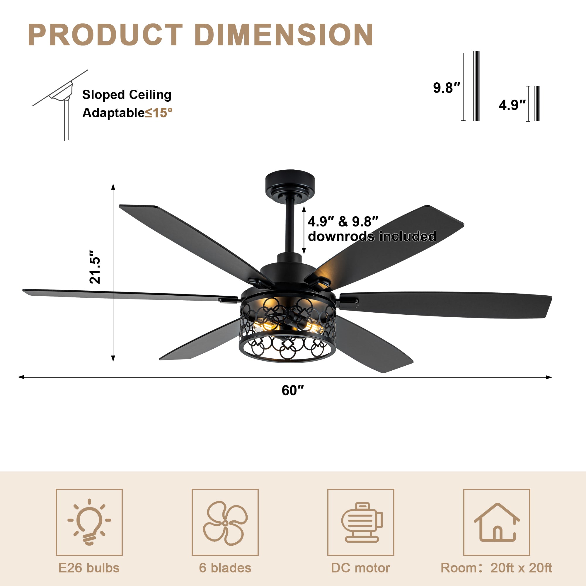 Modern 60 Inch Industrial Caged Ceiling Fan with Light Reversible Quiet DC Motor with 6 Speed Remote Control Ceiling Fan Adjustable Down Rodes Ceiling Fan with Light Suit for Bedroon,Living Room