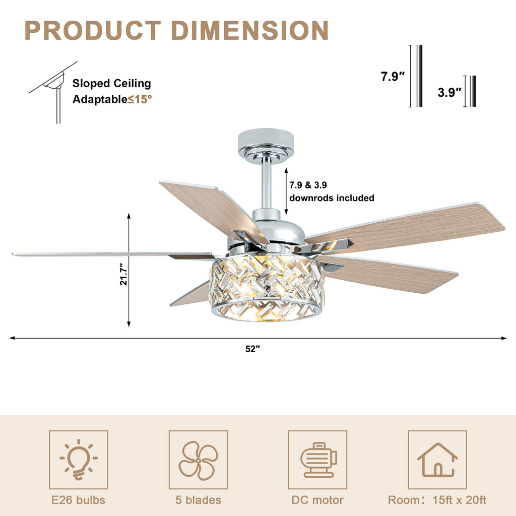 52 Inch Chrome Modern Luxury Crystal Ceiling Fan with Lights and Remote Control, 6 Speeds DC Motor Ceiling Fan