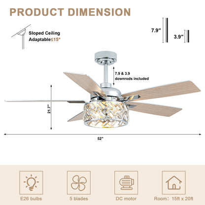 BellaDepot 52" Luxury Crystal Caged Chrome Ceiling Fan with Remote Control, 6 Speeds Ceiling Fan with Lights for Living Room- DC5228-MD