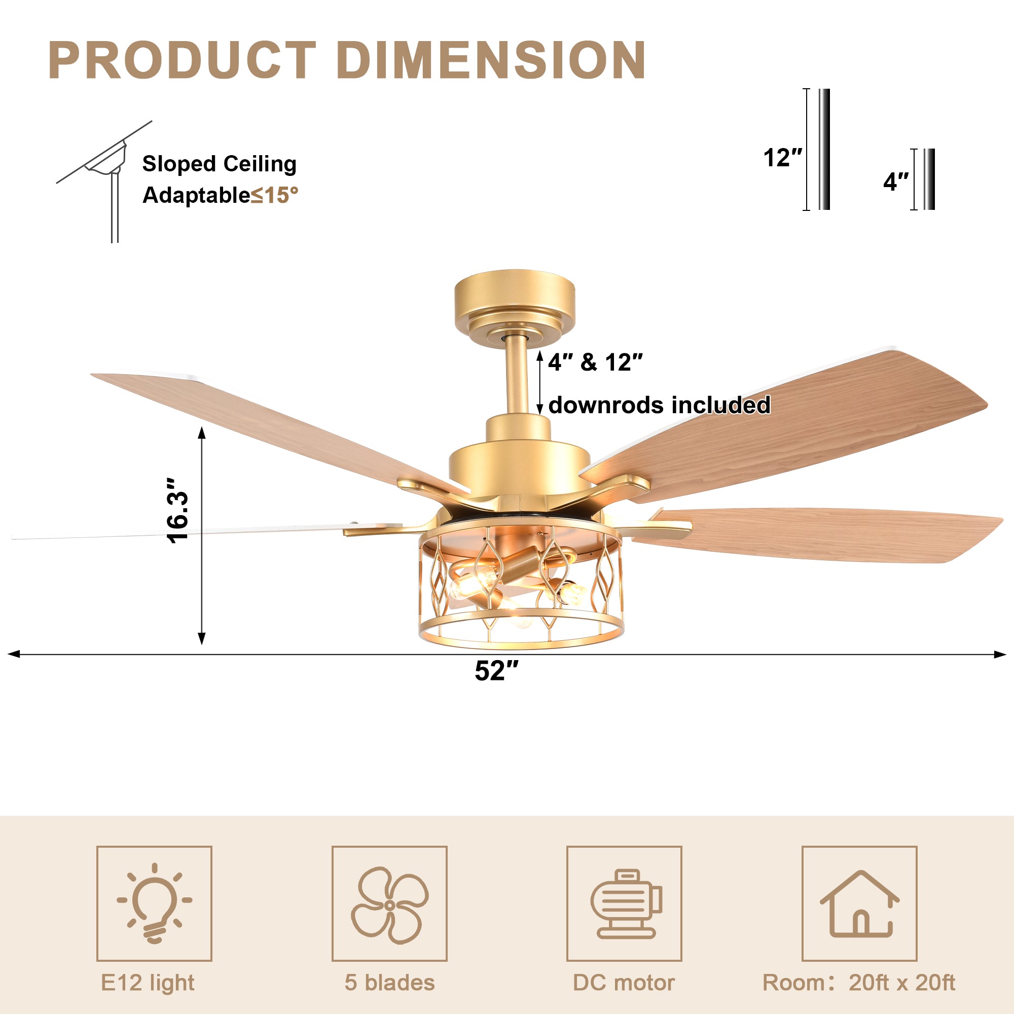 DC255201-G-BellaDepot 52" Golden Light Luxury Modern Style Ceiling Fan with Silver Blades, Remote-controlled 6 Speeds Fan with Lights for Large Room