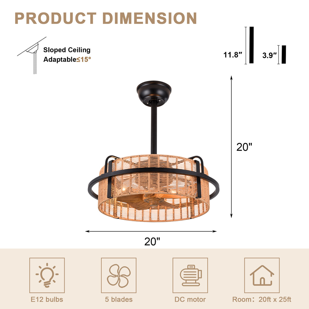 Bohemian 20 Inch Rattan Caged Retractable Ceiling Fan with Light Quiet DC Motor Reversible Down Rod Ceiling Fan with Light Farmhouse Remote Control and Adjustable 6 Speed Ceiling Fan Suit for Bedrooms, Kitchens, Living Rooms