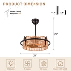 Bohemian 20 Inch Rattan Caged Retractable Ceiling Fan with Light Quiet DC Motor Reversible Down Rod Ceiling Fan with Light Farmhouse Remote Control and Adjustable 6 Speed Ceiling Fan Suit for Bedrooms, Kitchens, Living Rooms