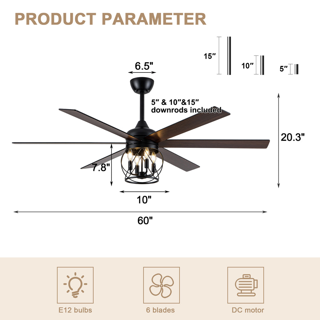 Industrial 60 Inch Caged Ceiling Fan with Light 6 Wood Blades Reversible Quiet DC Motor Ceiling Fan 3 Downrods with Remote Control Ceiling Fan Suit for Living Room, Bedroom