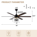 Industrial 60 Inch Caged Ceiling Fan with Light 6 Wood Blades Reversible Quiet DC Motor Ceiling Fan 3 Downrods with Remote Control Ceiling Fan Suit for Living Room, Bedroom