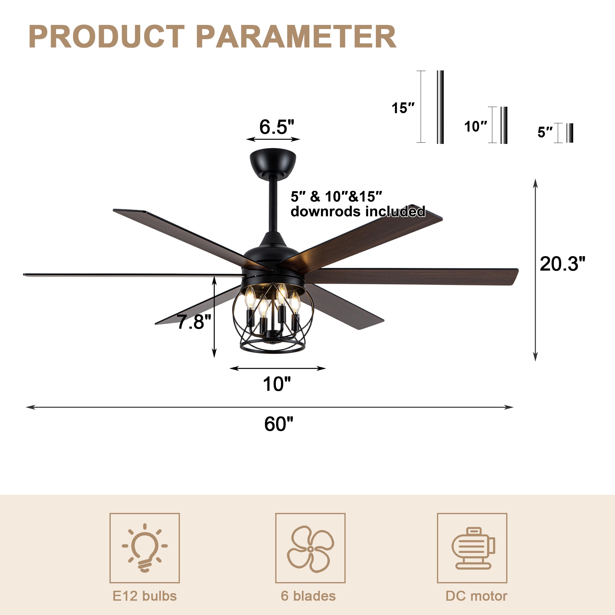 Industrial 60 Inch Caged Ceiling Fan with Light 6 Wood Blades Reversible Quiet DC Motor Ceiling Fan 3 Downrods with Remote Control Ceiling Fan Suit for Living Room, Bedroom