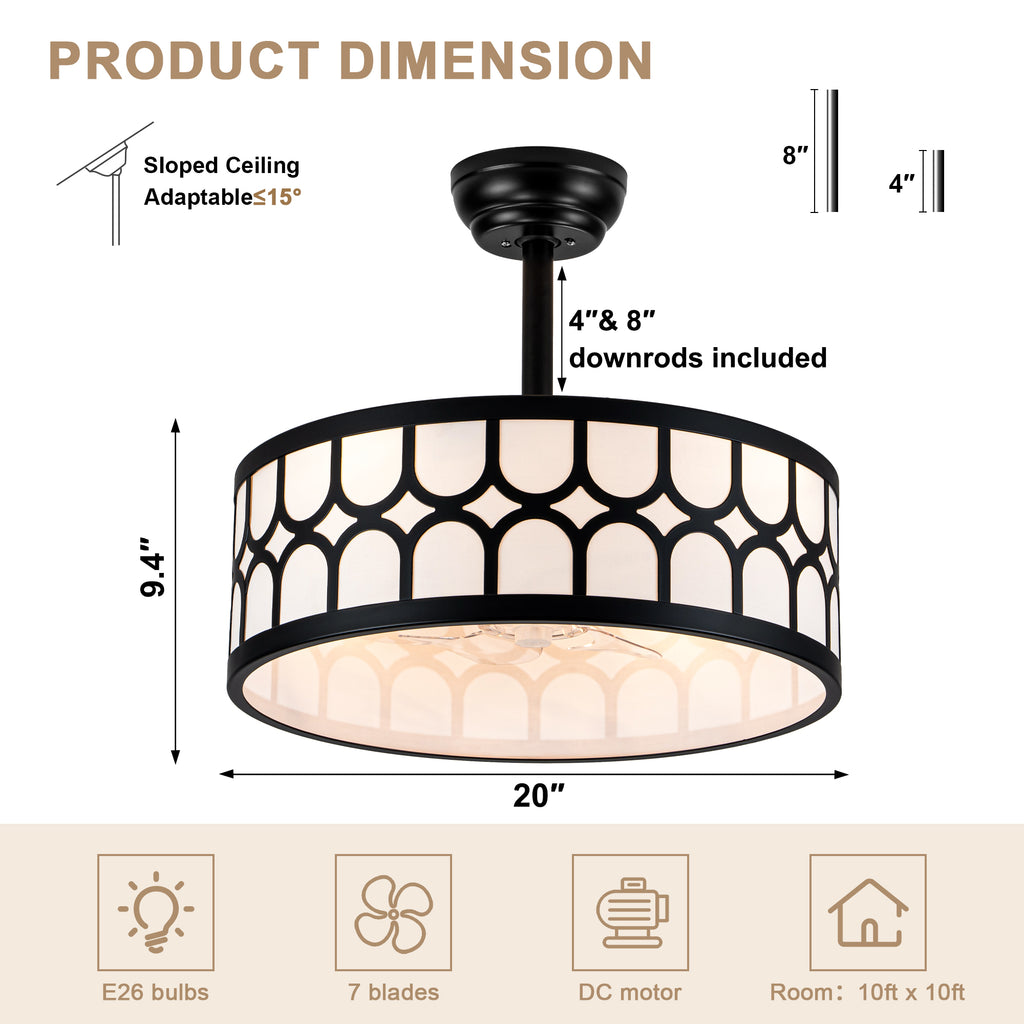 20 Inch Modern Drum Cage Ceiling Fan with Light and Remote, DC Motor 6-Speed Reversible Fandelier Bladeless Ceiling Fan for Bedroom