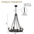 6 - Light Farmhouse Industrial Wagon Wheel Candle Chandelier, 25 Inch Round Matte Black Chandelier with Adjustable Chain, Rustic Candle-Style Pendant Light for Dining Room