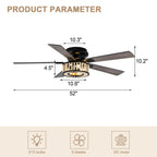 Bohemian 52 Inch Flush Mount Ceiling Fan with Light Quiet DC Motor Reversible 5 Fan Blades Farmhouse Ceiling Fan with Light Remote Control 6 Adjustable Speed Ceiling Fan Suit for Bedrooms, Kitchens, Living Rooms