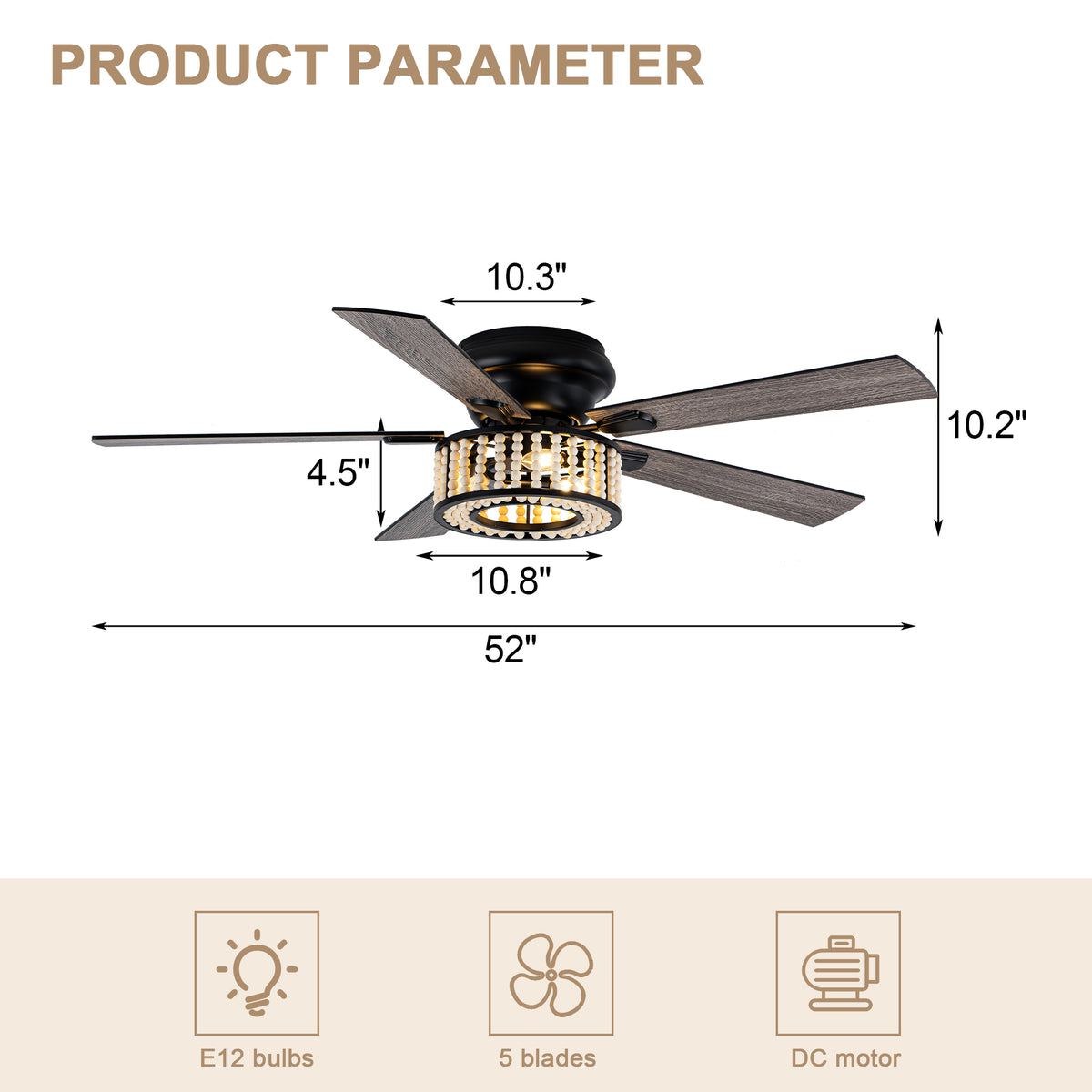 Bohemian 52 Inch Flush Mount Ceiling Fan with Light Quiet DC Motor Reversible 5 Fan Blades Farmhouse Ceiling Fan with Light Remote Control 6 Adjustable Speed Ceiling Fan Suit for Bedrooms, Kitchens, Living Rooms