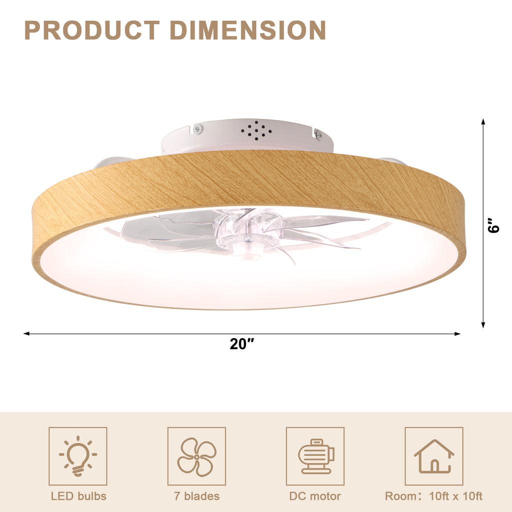 20 Inch Modern Smart Flush Mount Ceiling Fan with Dimmable LED Light, 6-Speed DC Motor Bladeless Ceiling Fan with Remote