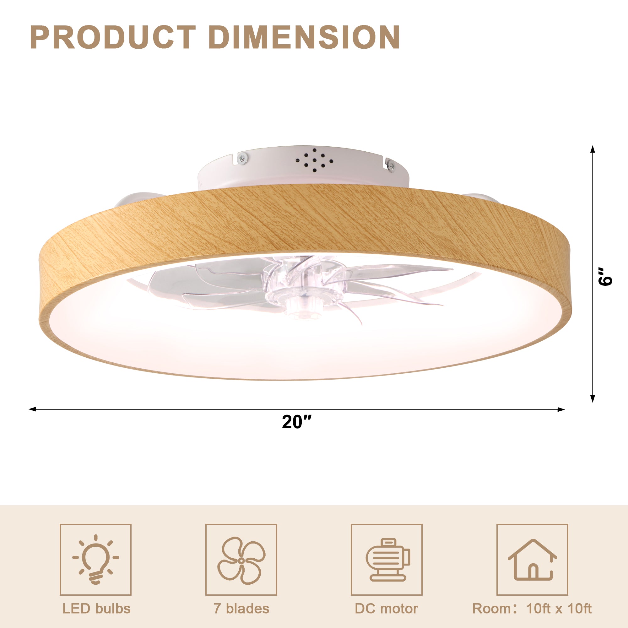 20 Inch Modern Smart Flush Mount Ceiling Fan with Dimmable LED Light, 6-Speed DC Motor Bladeless Ceiling Fan with Remote
