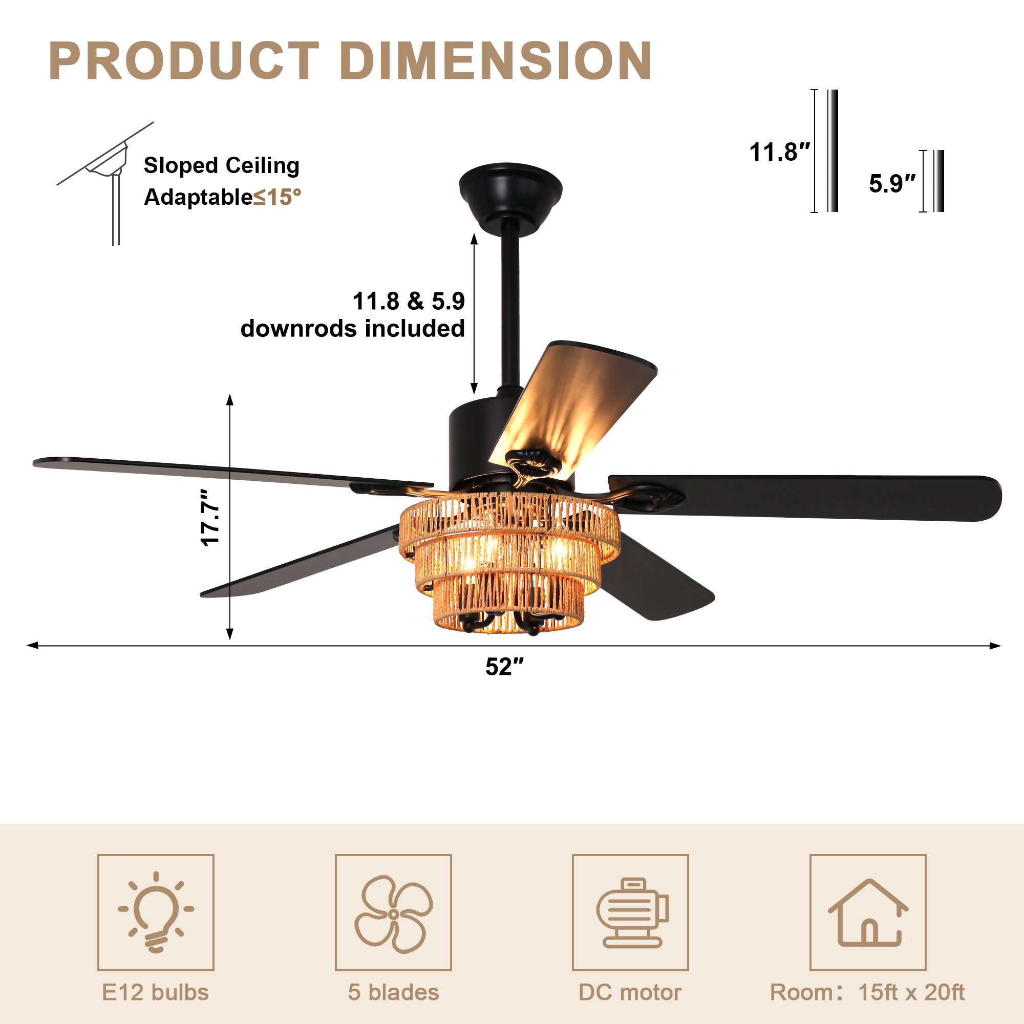 DC5221-BellaDepot 52" Farmhouse Brown Rattan Caged Ceiling Fan with Remote Control, 5 Blades Standard Ceiling Fan with Lights