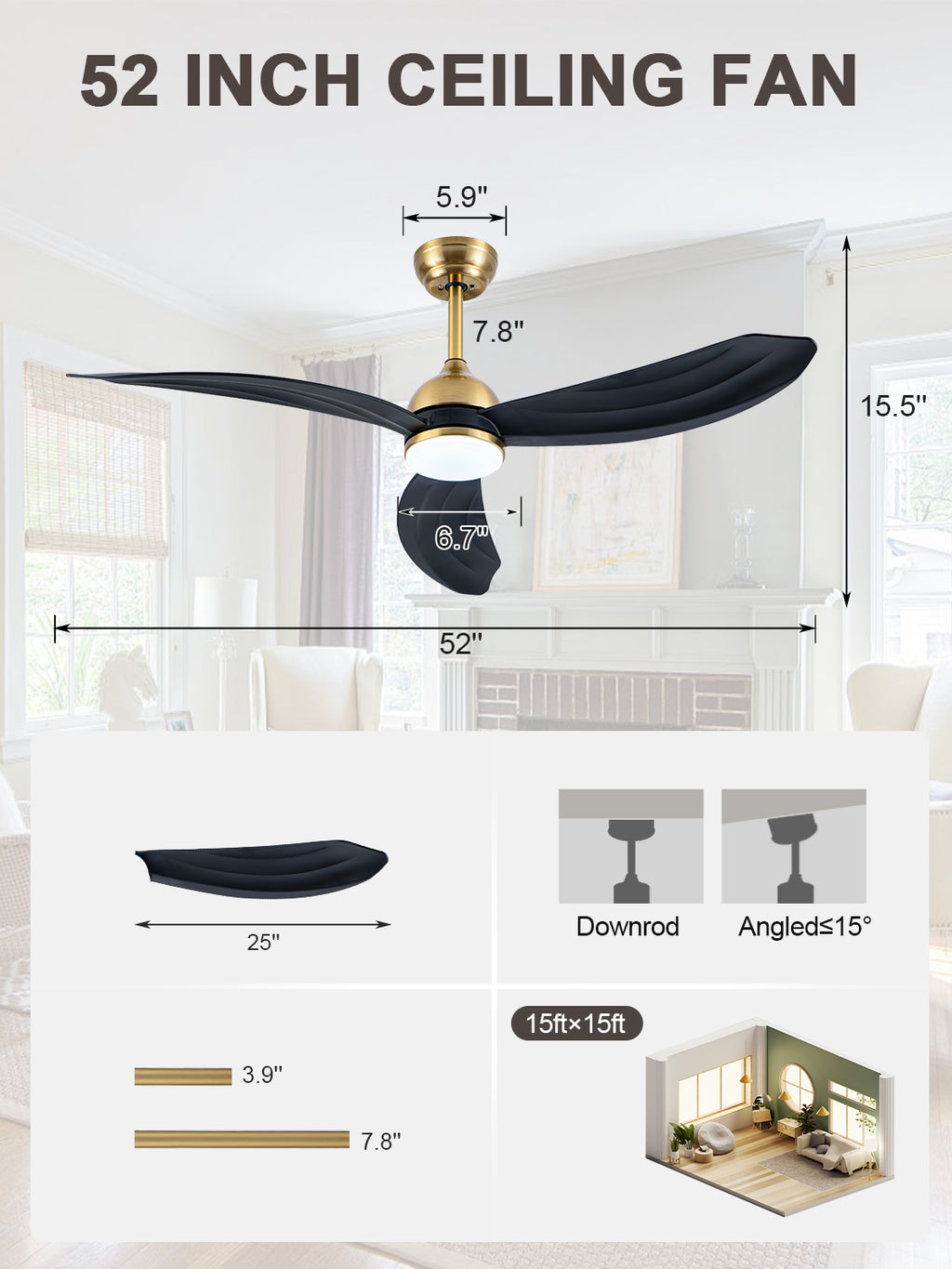 52 Inch Modern Smart Propeller Ceiling Fan with Dimmable LED Light and Remote & APP Control, 6-Speed Reversible Ceiling Fan
