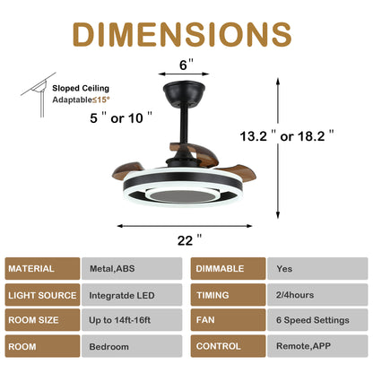 DC2205-22'' Simple Home Ceiling Fan with Remote and LED Light Kit Included DC Motor 6 Speeds