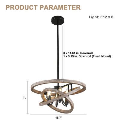 FC4111-6 Lights Classic Wood Chandelier, Height Adjustable Home Decoration Pendant Light