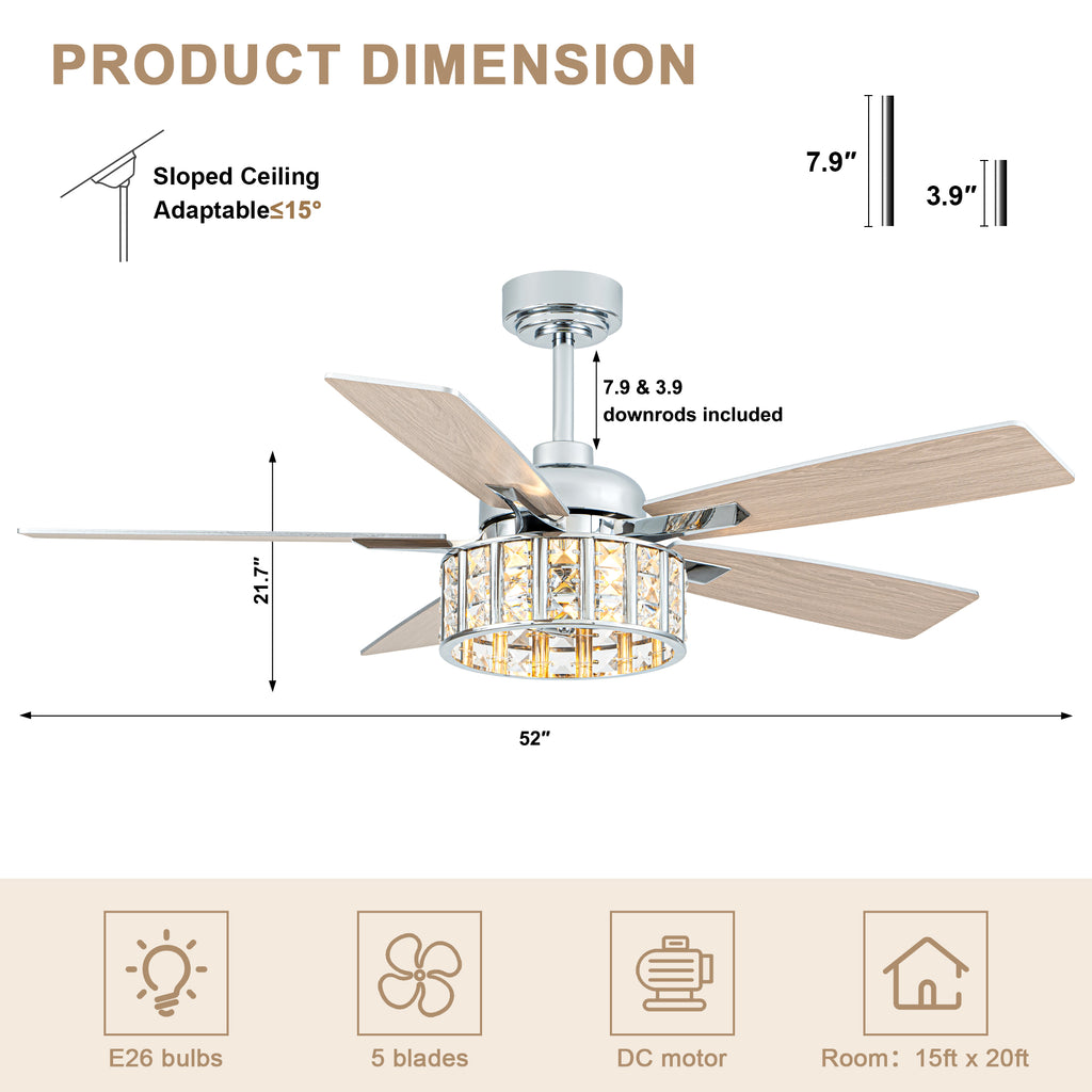 52 Inch Chrome Glam Crystal Ceiling Fan with Lights and Remote Control, 6 Speeds Reversible Ceiling Fan with Crystals