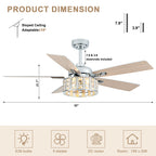 52 Inch Chrome Glam Crystal Ceiling Fan with Lights and Remote Control, 6 Speeds Reversible Ceiling Fan with Crystals