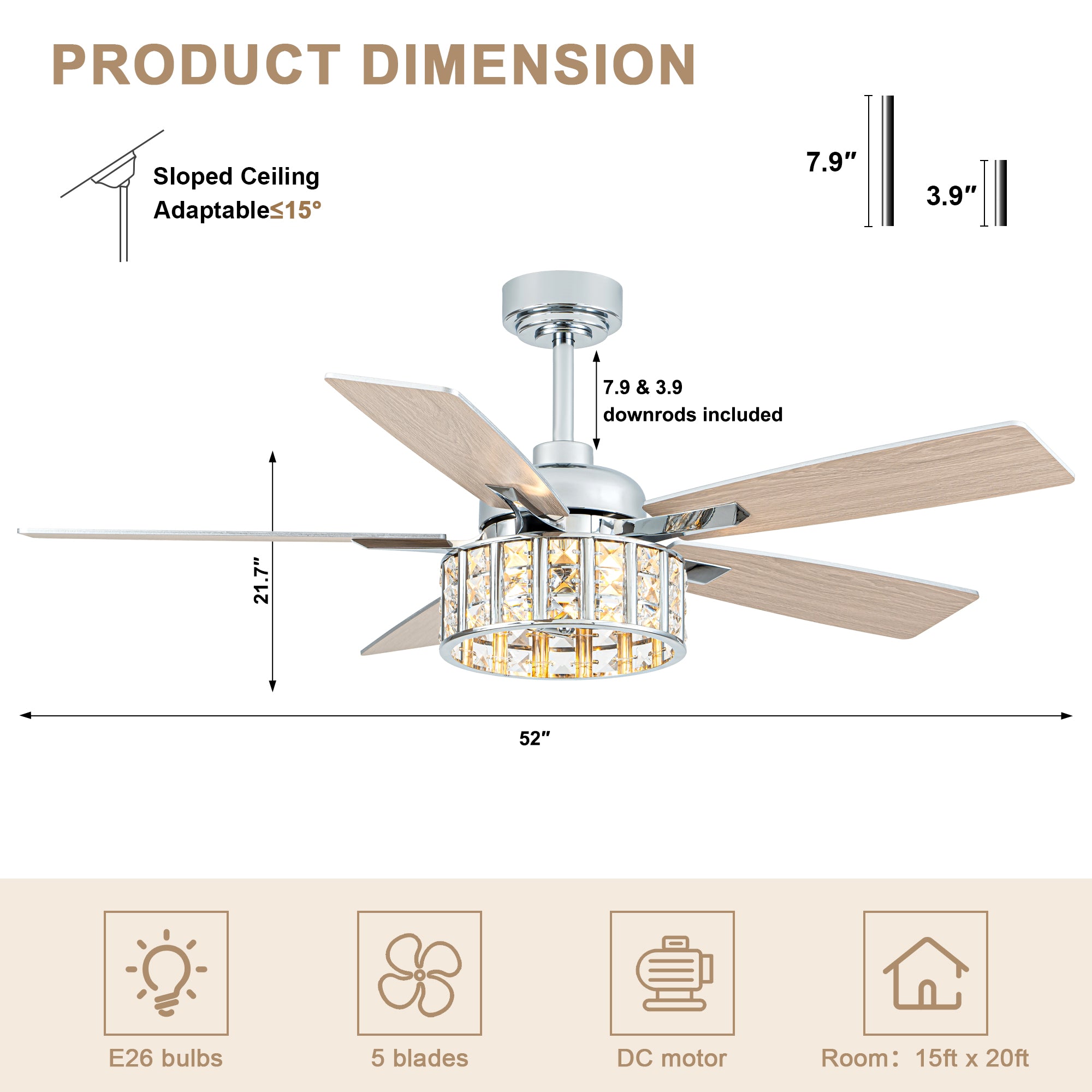 52 Inch Chrome Glam Crystal Ceiling Fan with Lights and Remote Control, 6 Speeds Reversible Ceiling Fan with Crystals