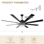 72 Inch Modern Black/Gold/Chrome Ceiling Fan with Dimmable LED Light and Remote Control, 6 Speeds DC Motor Reversible Extra Large Ceiling Fan