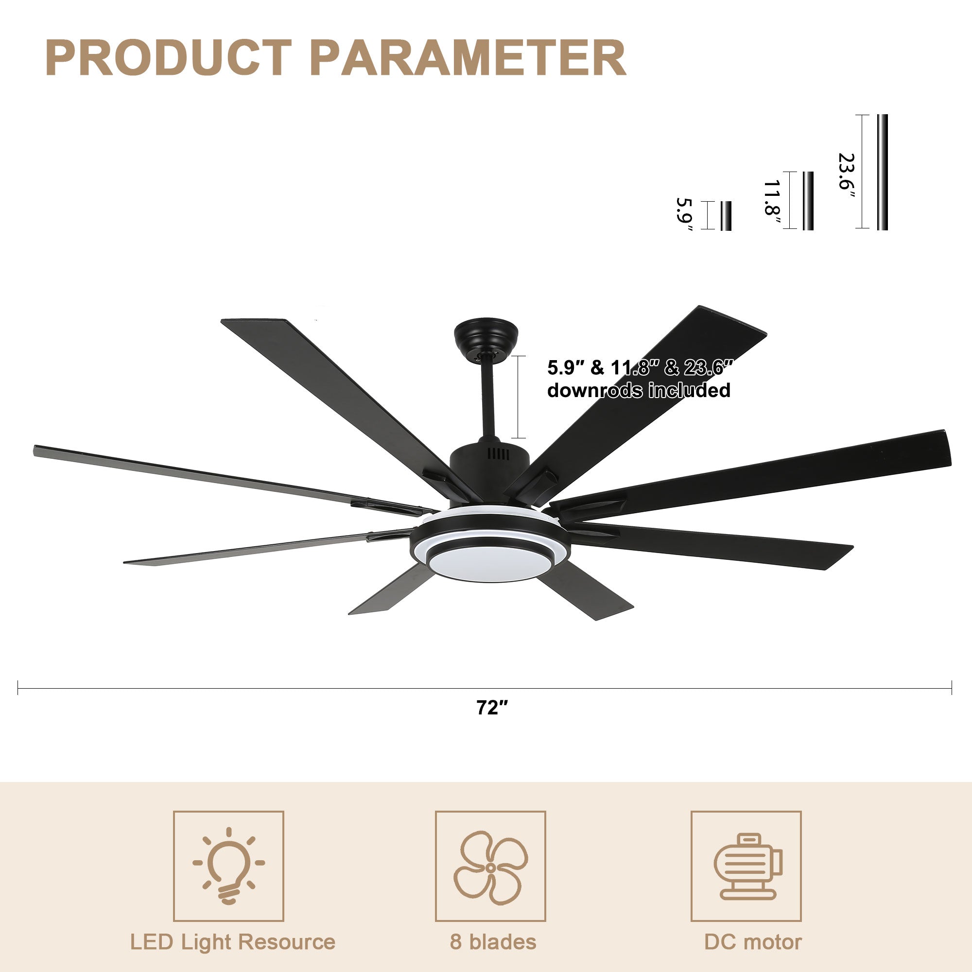 DC7206-BellaDepot 72" Black/Silver/Gold Finish Modern Urban Wood Reversible Ceiling Fan with Remote and LED Light Kit Included, Large Size Ceiling Fan