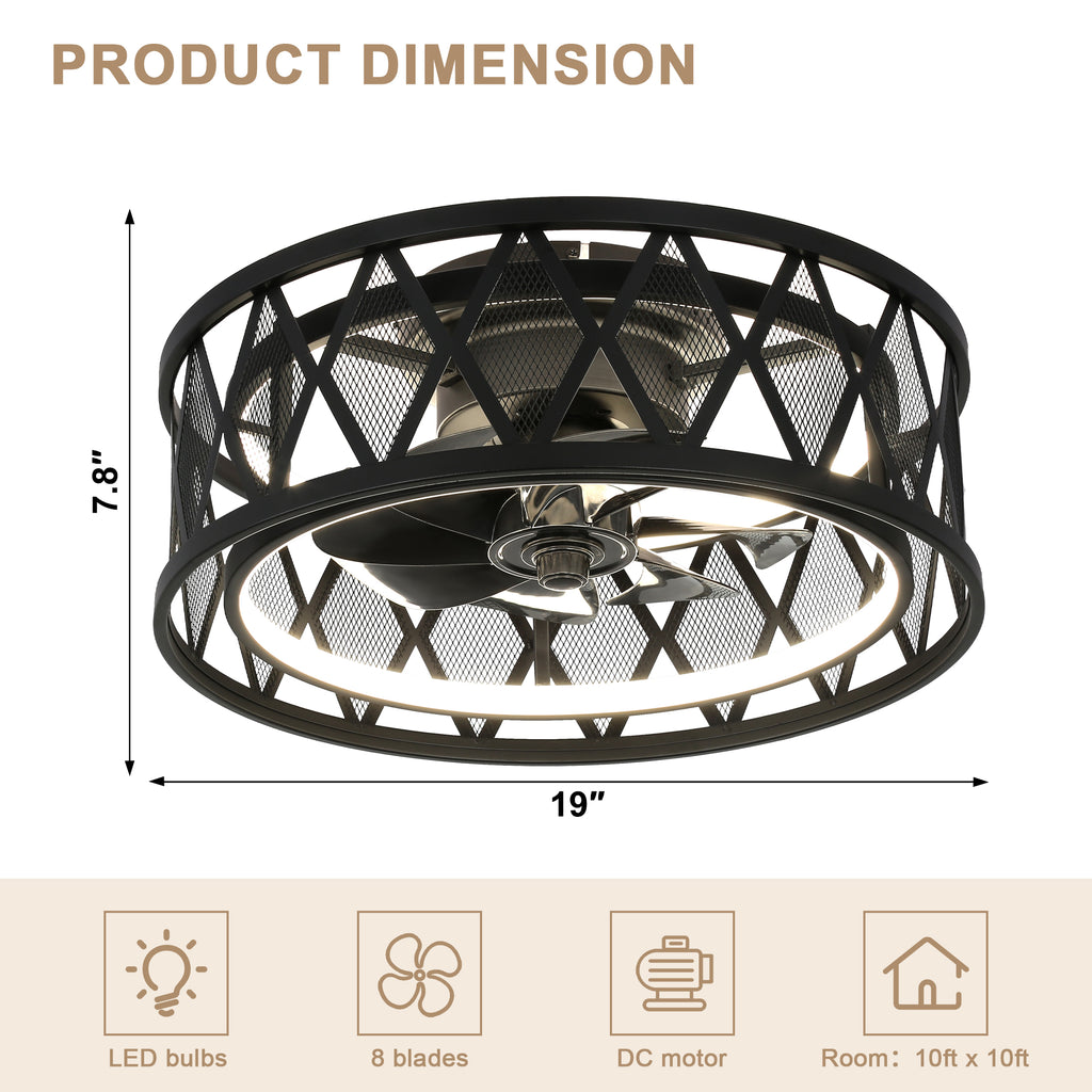 19 Inch Black Industrial Flush Mount Ceiling Fan with Dimmable LED Light, 6 Speed Reversible DC Motor, Low Profile Bladeless Ceiling Fan with Remote and APP Control