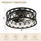 19 Inch Black Industrial Flush Mount Ceiling Fan with Dimmable LED Light, 6 Speed Reversible DC Motor, Low Profile Bladeless Ceiling Fan with Remote and APP Control