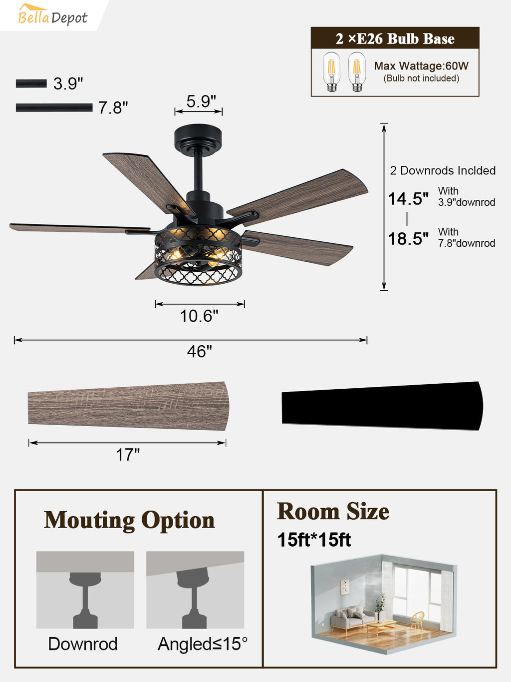 Farmhouse 46 Inch Metal Caged Ceiling Fan with Light Quiet Reversible DC Motor with  Remote Control Ceiling Fan Modern Wood Blades Ceiling Fan with Light Suit for Living room, Bedroom, Kitchen