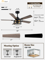 Farmhouse 46 Inch Metal Caged Ceiling Fan with Light Quiet Reversible DC Motor with  Remote Control Ceiling Fan Modern Wood Blades Ceiling Fan with Light Suit for Living room, Bedroom, Kitchen