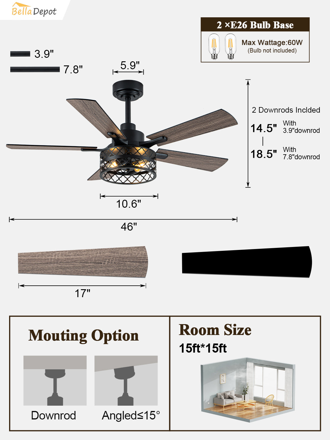 Farmhouse 46 Inch Metal Caged Ceiling Fan with Light Quiet Reversible DC Motor with  Remote Control Ceiling Fan Modern Wood Blades Ceiling Fan with Light Suit for Living room, Bedroom, Kitchen