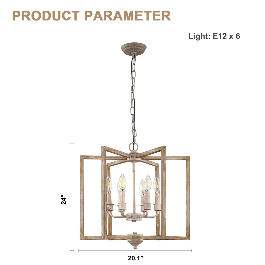 6 - Lights Cottage Distressed Wood Chandelier, 15.7" Height Adjustable Farmhouse Geometric Chandelier