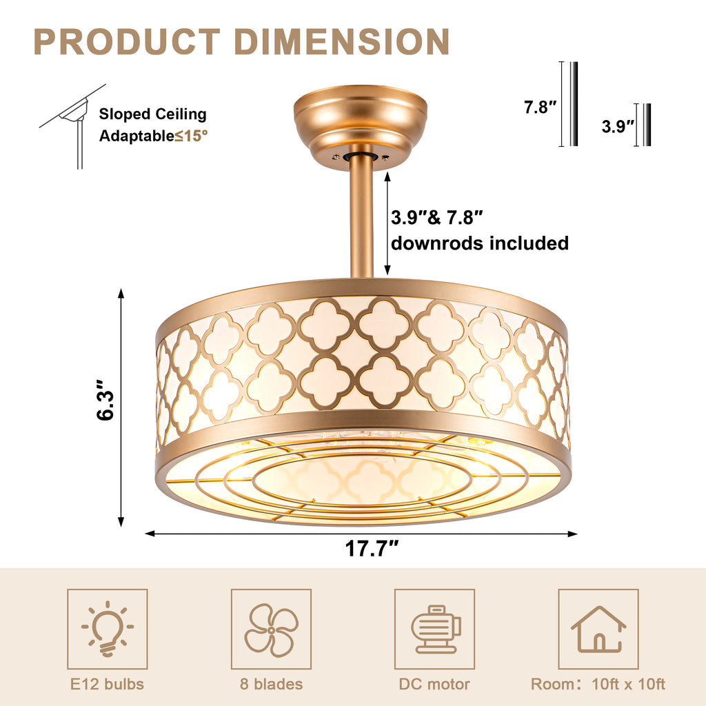 18 Inch Gold Drum Caged Ceiling Fan with Lights and Remote, 6 Speeds DC Motor Reversible Bladeless Fandelier Ceiling Fan