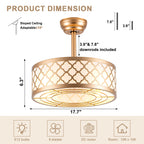 18 Inch Gold Drum Caged Ceiling Fan with Lights and Remote, 6 Speeds DC Motor Reversible Bladeless Fandelier Ceiling Fan