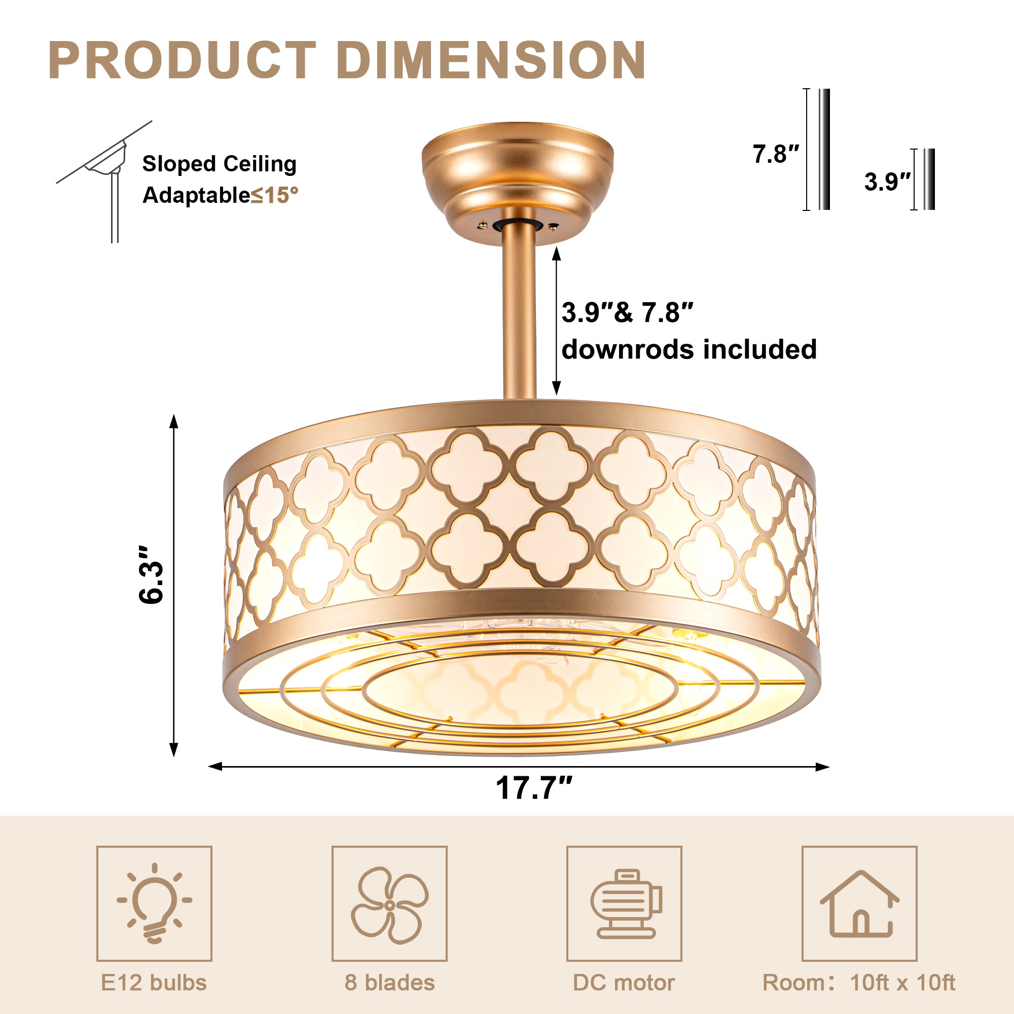 18 Inch Gold Drum Caged Ceiling Fan with Lights and Remote, 6 Speeds DC Motor Reversible Bladeless Fandelier Ceiling Fan