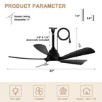 42 Inch Black 5-Blade Modern Smart Outdoor Ceiling Fan with Dimmable LED Lights, 6 Speeds Plug In Waterproof Ceiling Fans for Patios