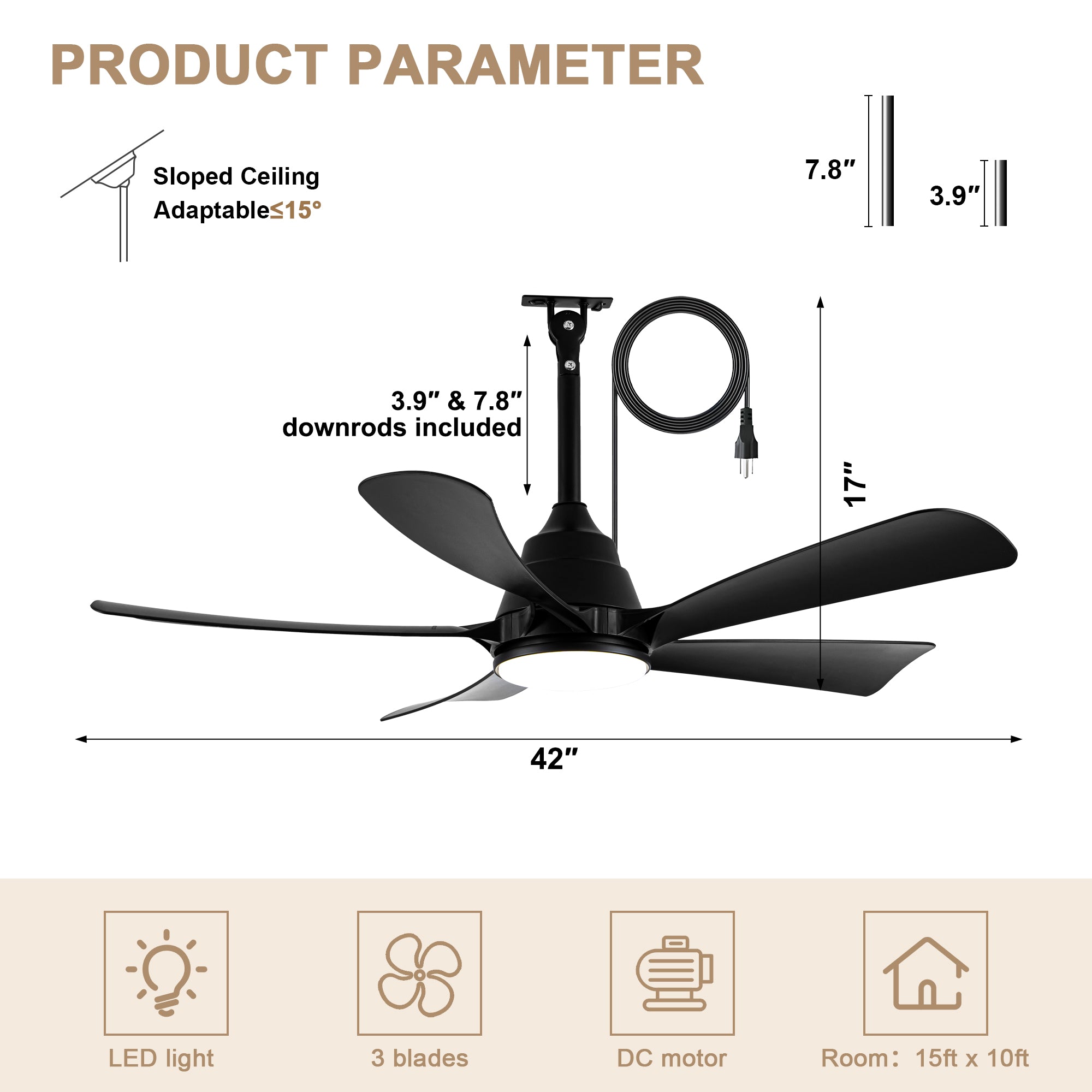 42 Inch Black 5-Blade Modern Smart Outdoor Ceiling Fan with Dimmable LED Lights, 6 Speeds Plug In Waterproof Ceiling Fans for Patios