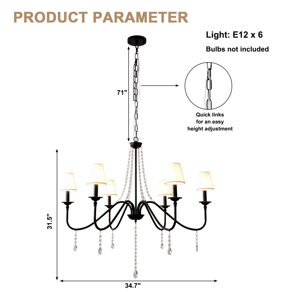 6-Light Classic Crystal Chandelier 34.7 Inch Traditional Chandelier Pendant Light Fixture with Fabric Shade