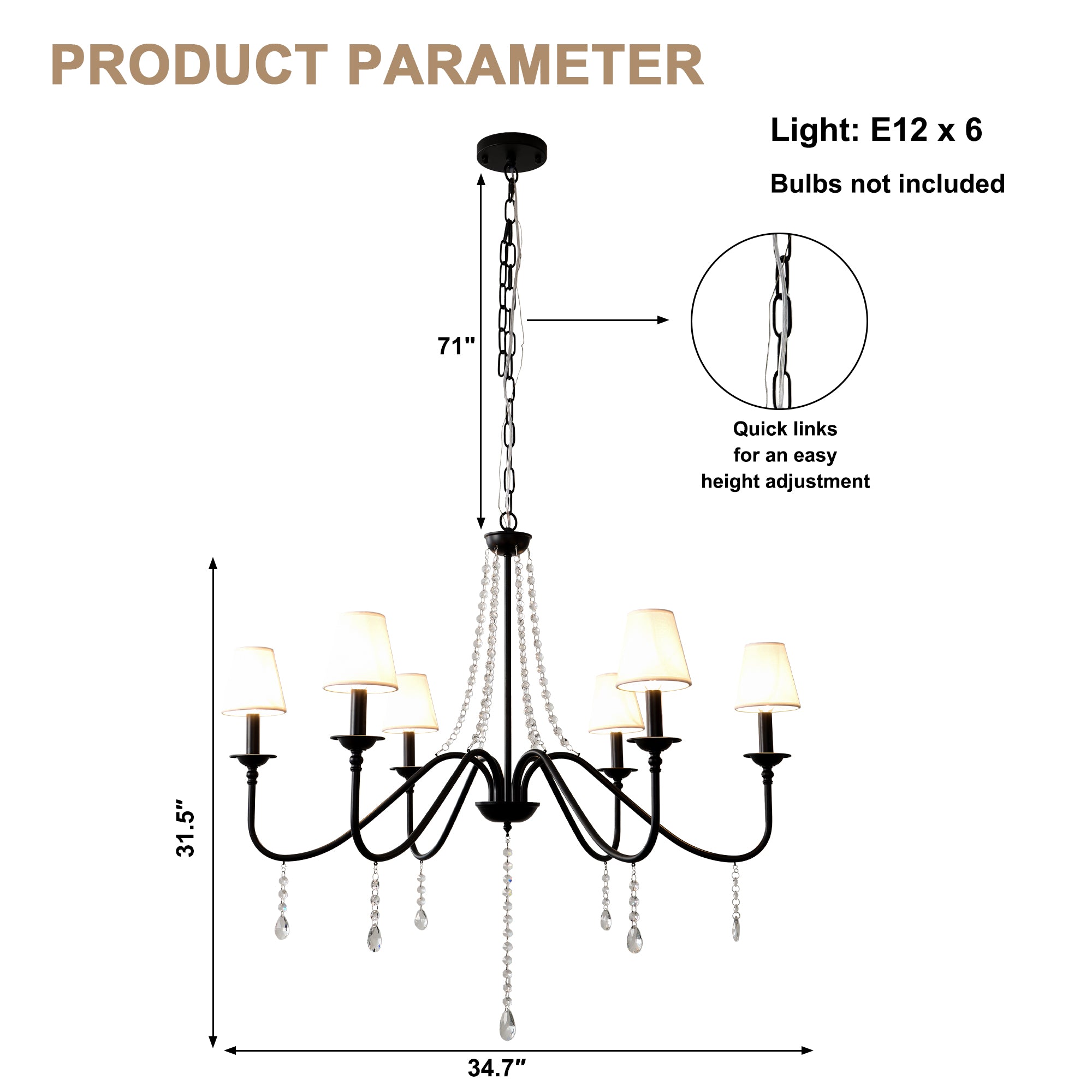 6-Light Classic Crystal Chandelier 34.7 Inch Traditional Chandelier Pendant Light Fixture with Fabric Shade