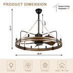 36 Inch Farmhouse Wagon Wheel Ceiling Fan with Lights and Remote Control, 6 Speeds DC Motor Bladeless Fandelier Ceiling Fan