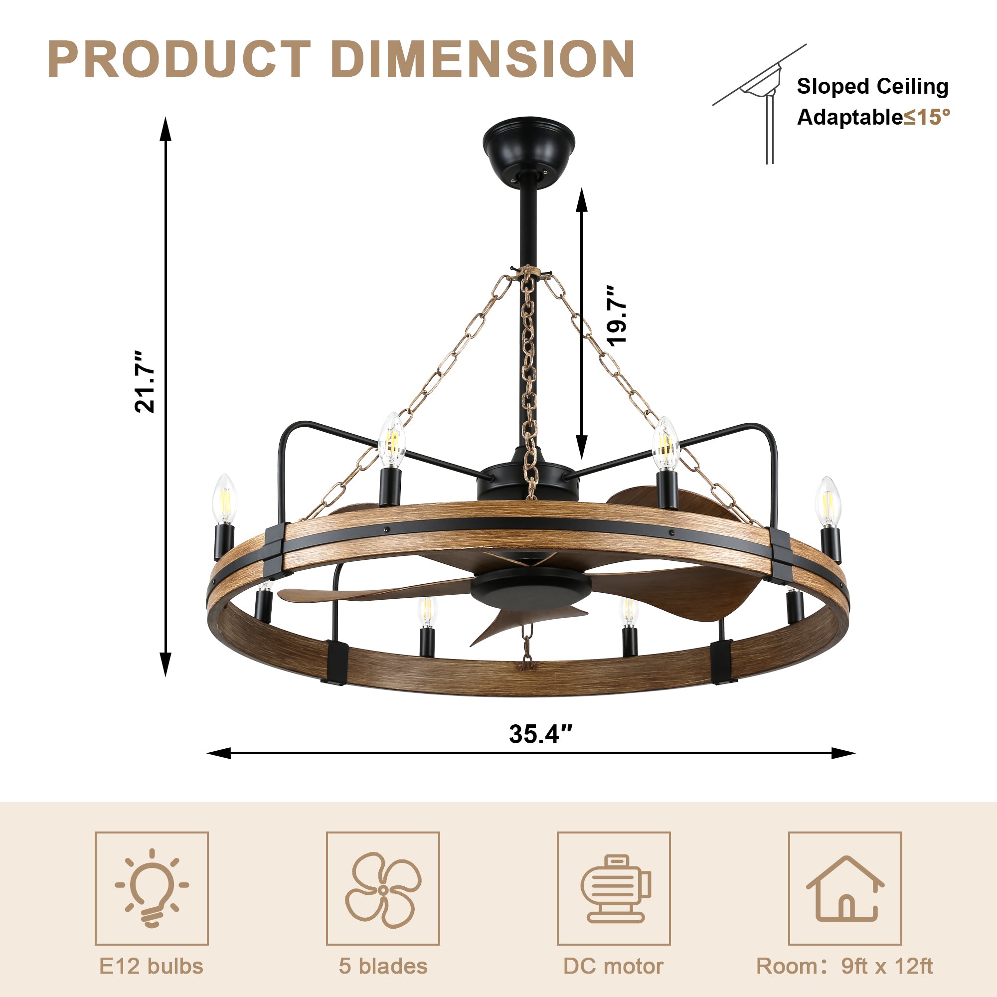 36 Inch Farmhouse Wagon Wheel Ceiling Fan with Lights and Remote Control, 6 Speeds DC Motor Bladeless Fandelier Ceiling Fan