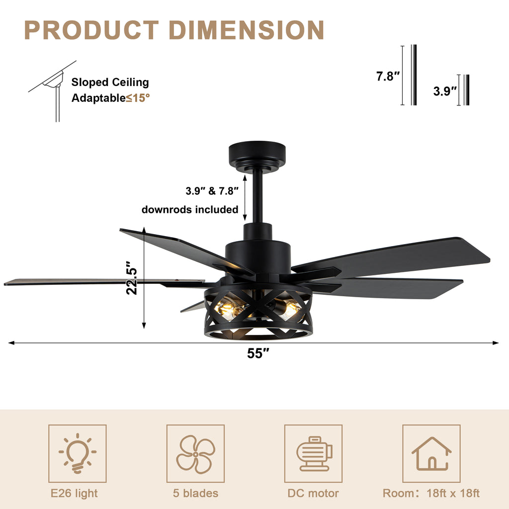 52 Inch Industrial Wood Grain Caged Ceiling Fan with Remote and Reversible Blades, 6-Speed Ceiling Fan with Lights