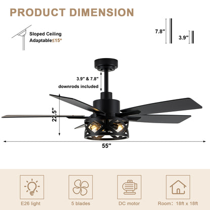 MD-FS8962XL-BellaDepot 52" Industrial Wood Grain Caged Ceiling Fan with Remote and Reversible Blades, Large Size 6-speed Ceiling Fan with Lights