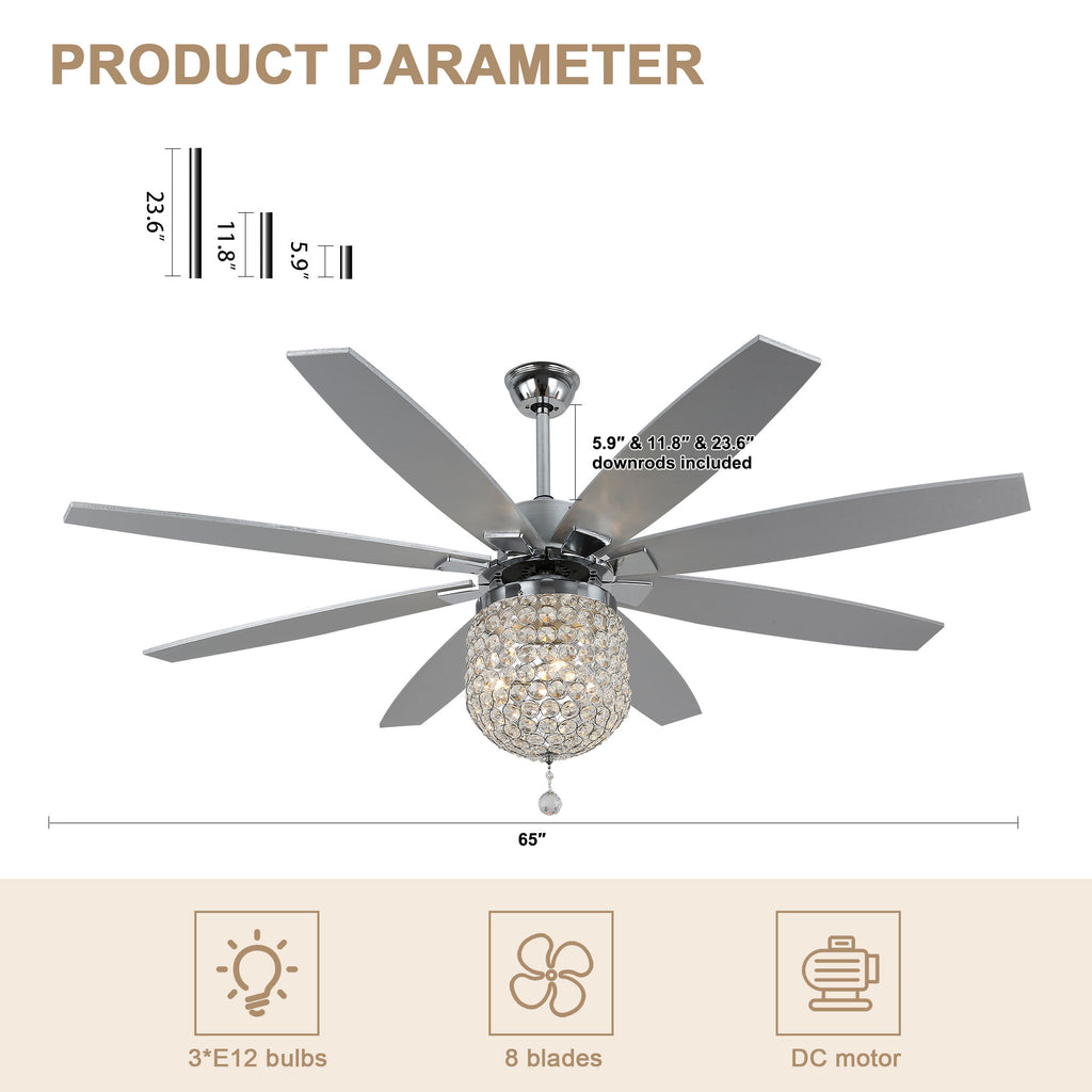 DC6504-BellaDepot 65" 8 Wooden Blades Silver Finish Crystal Reversible Ceiling Fan with Remote and 3 Lights, Large Size 6-speed Ceiling Fan